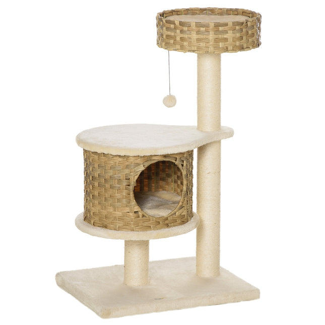 PAWROOM - Skrapestolpe Rattan Cat Tree, Klatretre Med Cat Cave & Sisal Poster, Play Balls, 95Cm, Natural Sisal+Beige