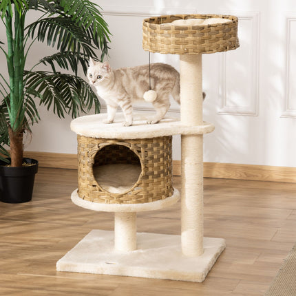 PAWROOM - Cat tree with caves and sisal posts, natural rattan, 95 cm