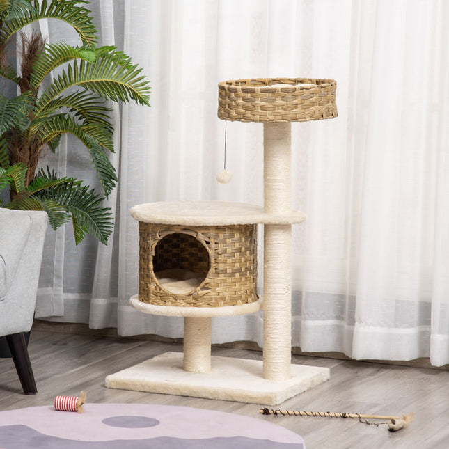 PAWROOM - Skrapestolpe Rattan Cat Tree, Klatretre Med Cat Cave & Sisal Poster, Play Balls, 95Cm, Natural Sisal+Beige
