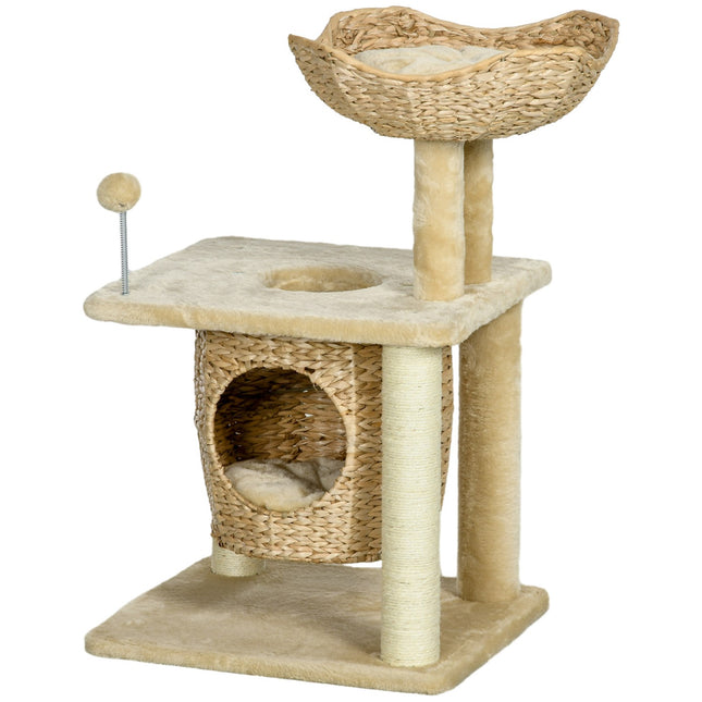 PAWROOM - Liten skrapestolpe, 74 cm kattetre med kattehule, lekeball, innendørs klatretårn med seng, skrapemøbler for katter opp til 5 kg, beige