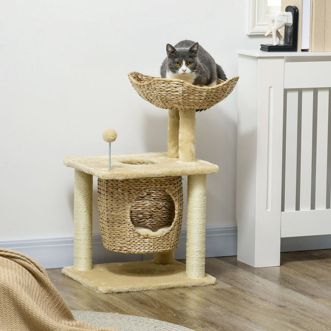 PAWROOM - Liten skrapestolpe, 74 cm kattetre med kattehule, lekeball, innendørs klatretårn med seng, skrapemøbler for katter opp til 5 kg, beige