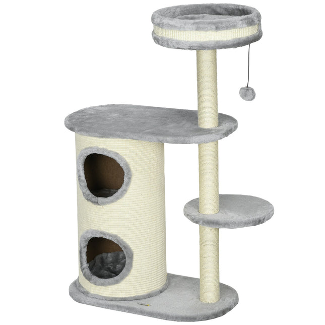 PAWROOM - Katteskrapestolpe med 2 kattehuler, sisal taustolper, flere plattformer, myk plysj, kuleleke, grå, 59 x 35 x 100 cm