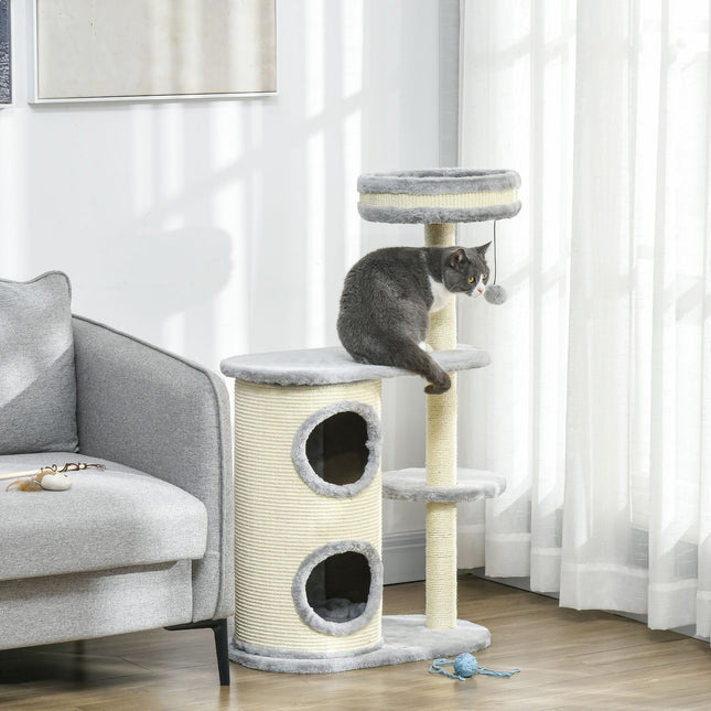 PAWROOM - Katteskrapestolpe med 2 kattehuler, sisal taustolper, flere plattformer, myk plysj, kuleleke, grå, 59 x 35 x 100 cm