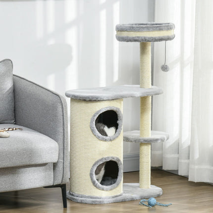 PAWROOM - Cat Scratching Tower: 2 Caves, Rope Posts, Plush, Gray
