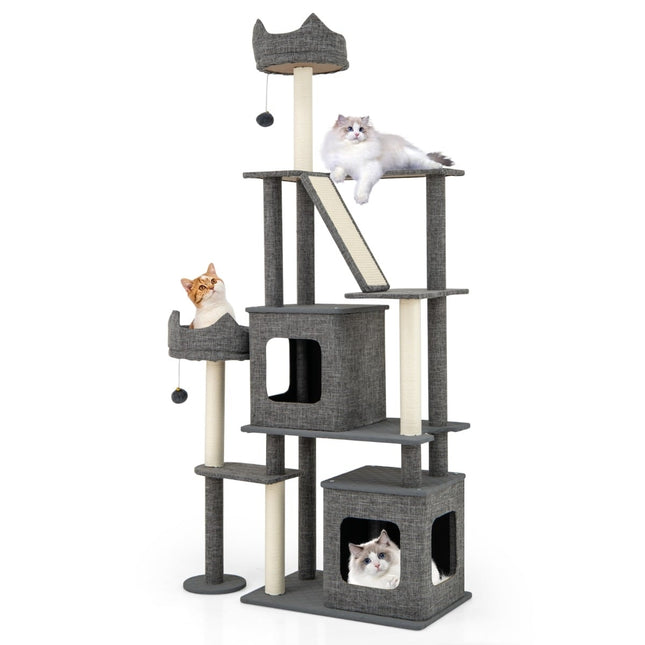 PAWROOM - Klotre med sisalstolper, stige og 2 huler, 180 cm grå