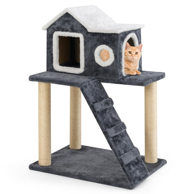 PAWROOM - 90 cm høy skrapestolpe med stor hule og stige og sisalstolper Cat Tree Klatretre Grå