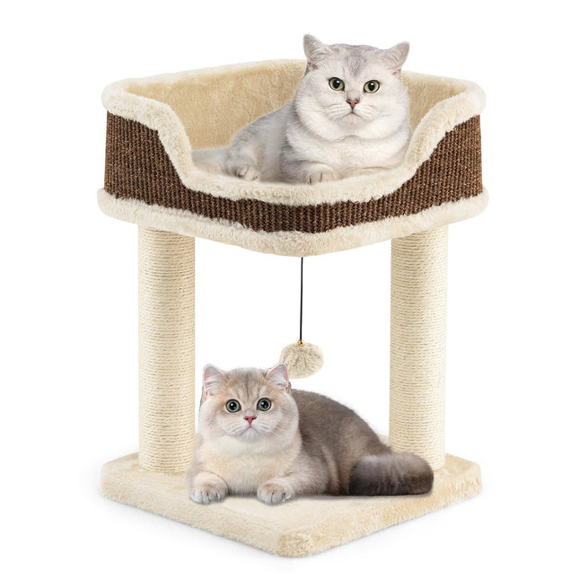 PAWROOM - Kattetre med plysjsete, sisalstolper og ball, beige