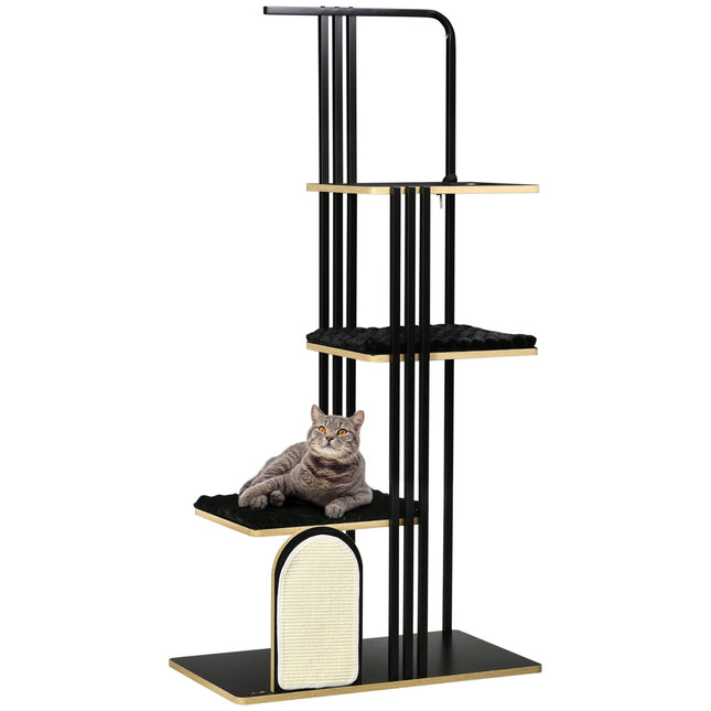 PAWROOM - Kattetre 170cm Stor skrapestolpe med puter, skrapebrett, 3 plattformer, kattemøbler laget av stål i svart