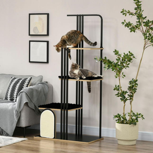 PAWROOM - Kattetre 170cm Stor skrapestolpe med puter, skrapebrett, 3 plattformer, kattemøbler laget av stål i svart