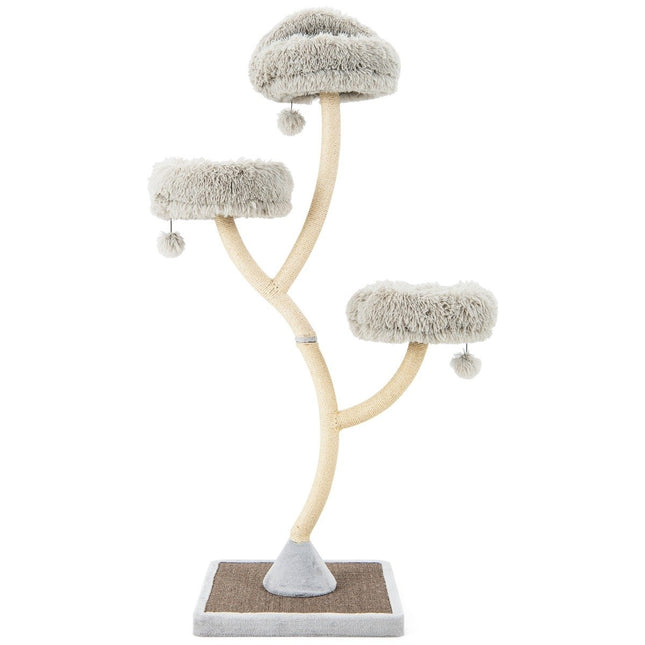 PAWROOM - 178 cm kattetre med sisal skrapestolper & 3 varme liggeflater & plysjkuler grå