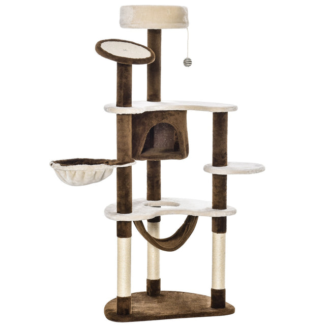 PAWROOM - Skrapestolpe Xxl Med Kattehule Og Hengekøye Multi-Level Cat Tree Multi-Activity Center, Plysj, Brun, 213X91X122Cm