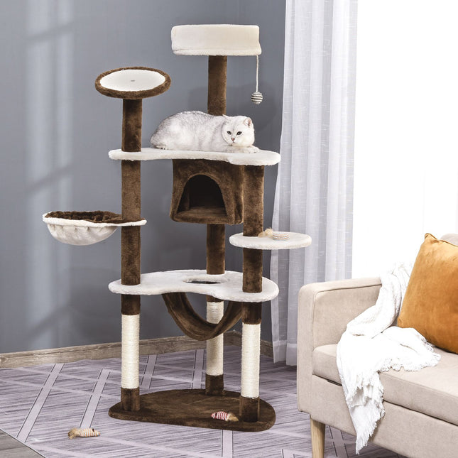 PAWROOM - Skrapestolpe Xxl Med Kattehule Og Hengekøye Multi-Level Cat Tree Multi-Activity Center, Plysj, Brun, 213X91X122Cm