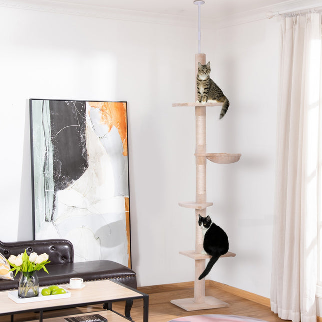 PAWROOM - Skrapestolpe Tak Høyt Beige Høydejusterbart Kattetre Med Sisalsøyler, For Klatring Og Skraping, 40X34X230-260Cm