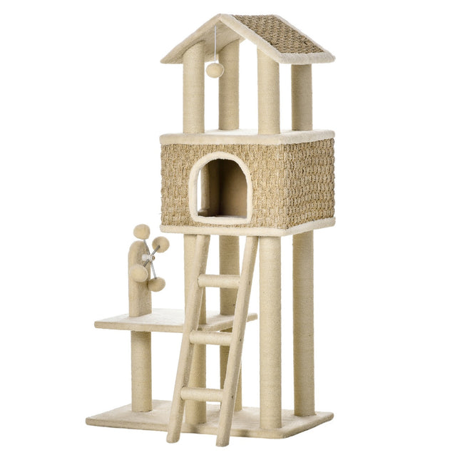 PAWROOM - Skrapestolpe Stort Kattetre 130 Cm, Med Kattehule Og Lekeballer, Jutestammer, Khaki + Beige, Sponplate Plysj
