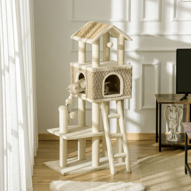 PAWROOM - Skrapestolpe Stort Kattetre 130 Cm, Med Kattehule Og Lekeballer, Jutestammer, Khaki + Beige, Sponplate Plysj