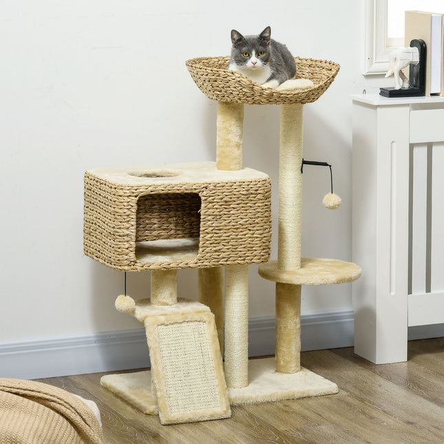 PAWROOM - Cat tree 98cm with Sisal, 2 beds, Toy Ball, Beige