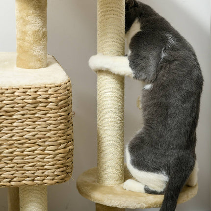 PAWROOM - Katteskrapestolpe 98 cm kattetre med 2 liggeflater, katteskrapestolpe lekeball for katter opp til 6 kg, kattemøbler, sisal, beige