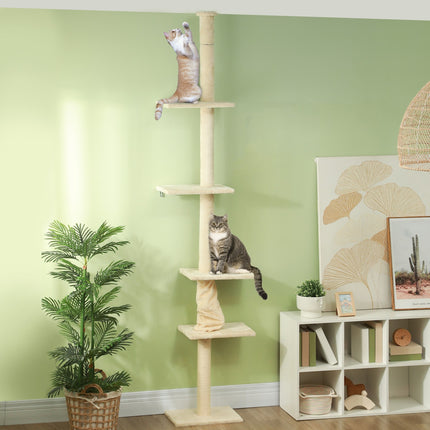 PAWROOM - Ripestolpe takhøyt, kattetre, 225-275 cm katteklodestolpe med plattformer, kattemøbler med spissbeskyttelse, kremhvit