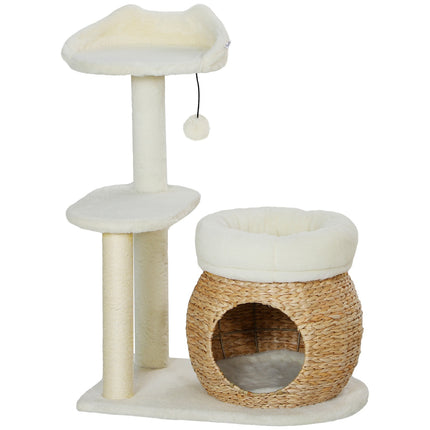 PAWROOM - Kløestolpe 79 cm kattetre med kattehule, seng, lekeballer, skrapestolpe for katt med sisal skrapestolper, for katter opp til 5 kg, kremhvit