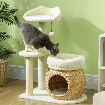 PAWROOM - Kløestolpe 79 cm kattetre med kattehule, seng, lekeballer, skrapestolpe for katt med sisal skrapestolper, for katter opp til 5 kg, kremhvit