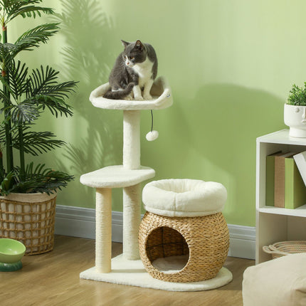 PAWROOM - Kløestolpe 79 cm kattetre med kattehule, seng, lekeballer, skrapestolpe for katt med sisal skrapestolper, for katter opp til 5 kg, kremhvit