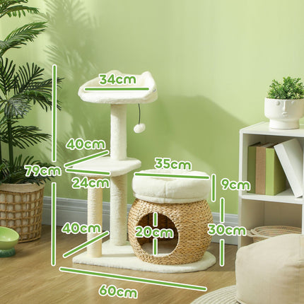 PAWROOM - Kløestolpe 79 cm kattetre med kattehule, seng, lekeballer, skrapestolpe for katt med sisal skrapestolper, for katter opp til 5 kg, kremhvit