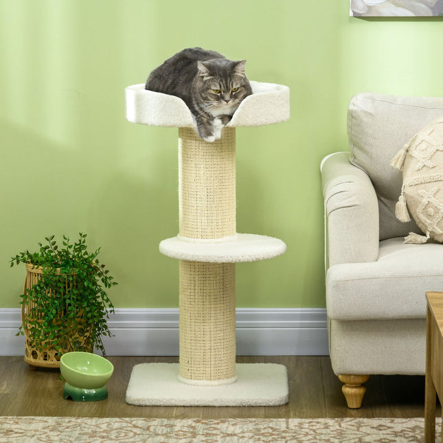 PAWROOM - Kattetre 91cm leketre med katteseng, plattform lammeullkrem