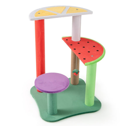 PAWROOM - Small cat tree with platforms & strawberry ball & scratching post. Cute fruit theme cat tree
