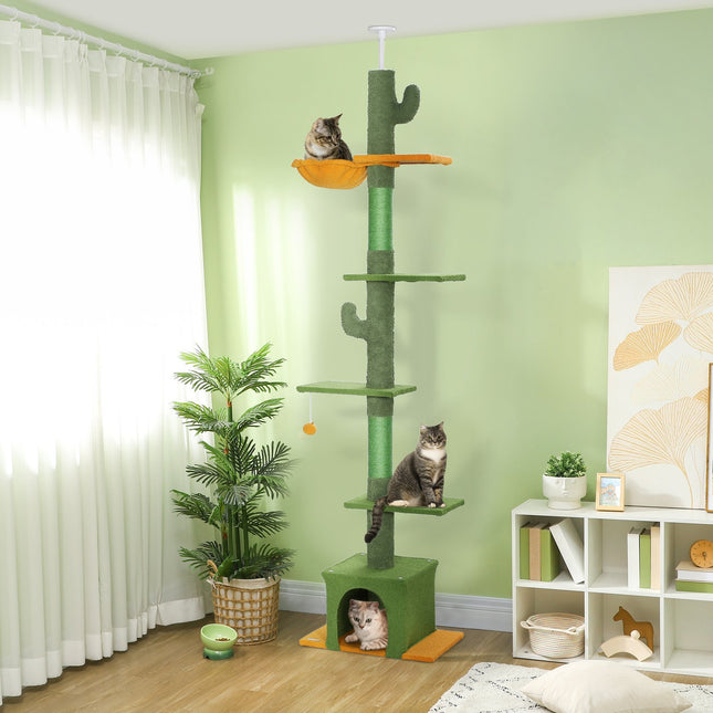 PAWROOM - Skrapestolpe takhøyt, kattetre, 230-275 cm katteklodestolpe med kattehule, skrapestolper, lekeball, kattemøbler med spissbeskyttelse, grønn