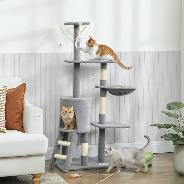 PAWROOM - Cat Tree with Cave, Sisal Posts, Toys, for Cats <5kg, Gray