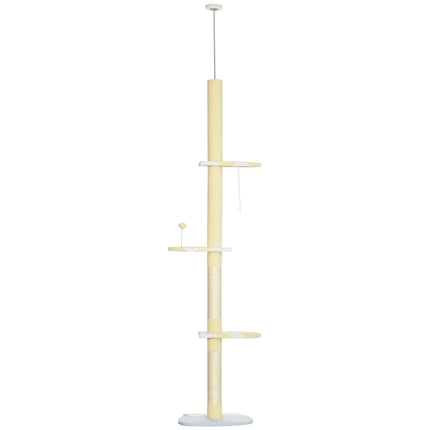 PAWROOM - Kløestolpe, kattekløestolpe i taket, 220-260 cm, klatretre med lekeball, høydejusterbar kattetre, leketre med spissbeskyttelse, plysj, gul