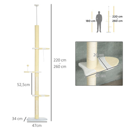 PAWROOM - Kløestolpe, kattekløestolpe i taket, 220-260 cm, klatretre med lekeball, høydejusterbar kattetre, leketre med spissbeskyttelse, plysj, gul
