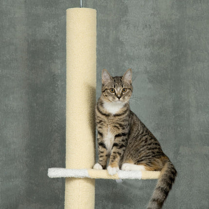 PAWROOM - Kløestolpe, kattekløestolpe i taket, 220-260 cm, klatretre med lekeball, høydejusterbar kattetre, leketre med spissbeskyttelse, plysj, gul