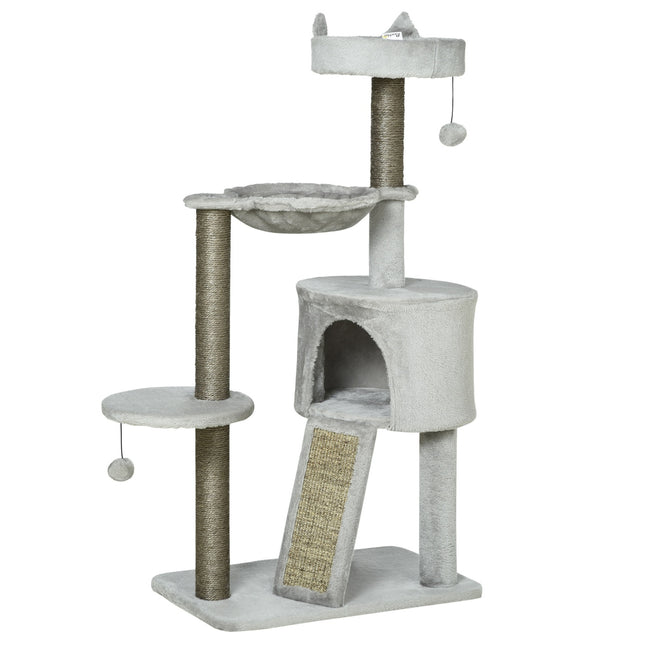 PAWROOM - Cat Scratching Post Med Cat Cave & Sisal Column, Leketre Med Rampe, Cat Toy, Light Grå, 113 Cm