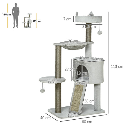 PAWROOM - Cat scratching tree with cave & sisal, 113 cm, light grey