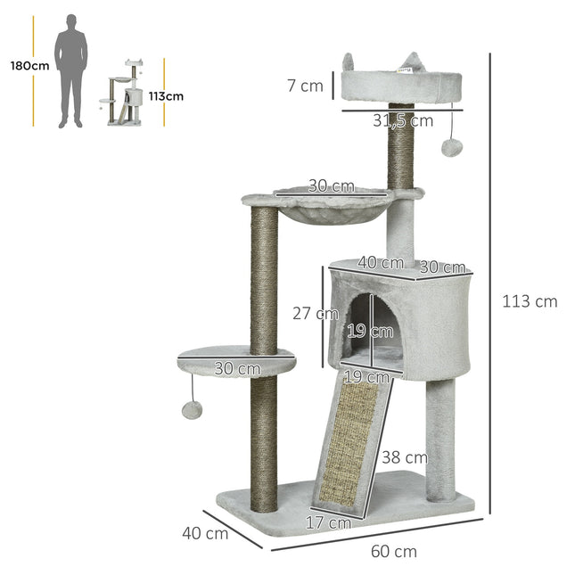 PAWROOM - Cat Scratching Post Med Cat Cave & Sisal Column, Leketre Med Rampe, Cat Toy, Light Grå, 113 Cm