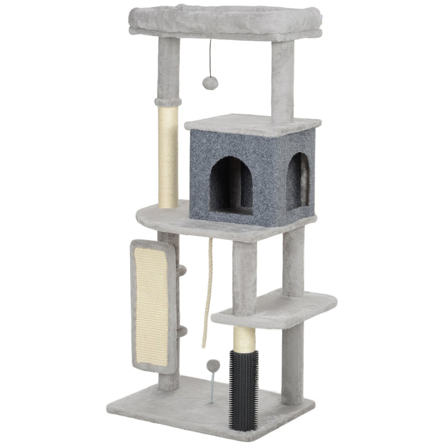 PAWROOM - Kløestolpe 132 cm kattetre med kattehule, lekeball, skrapestolpe for katt med sisal skrapestolper, for katter opp til 6 kg, lys grå