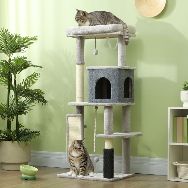 PAWROOM - Kløestolpe 132 cm kattetre med kattehule, lekeball, skrapestolpe for katt med sisal skrapestolper, for katter opp til 6 kg, lys grå
