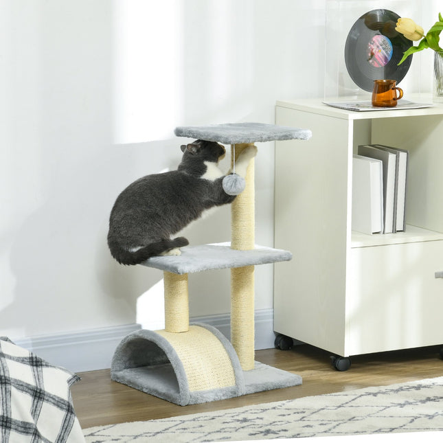PAWROOM - Kattetre 72 cm kattetårn med plysjballer, sisalstolper, plattform, skrapebrett lys grå