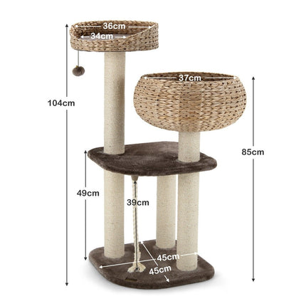 PAWROOM - 104cm Wooden Cat Tree with Beds & Toy Ball & Rope & Sisal Wrapped Columns