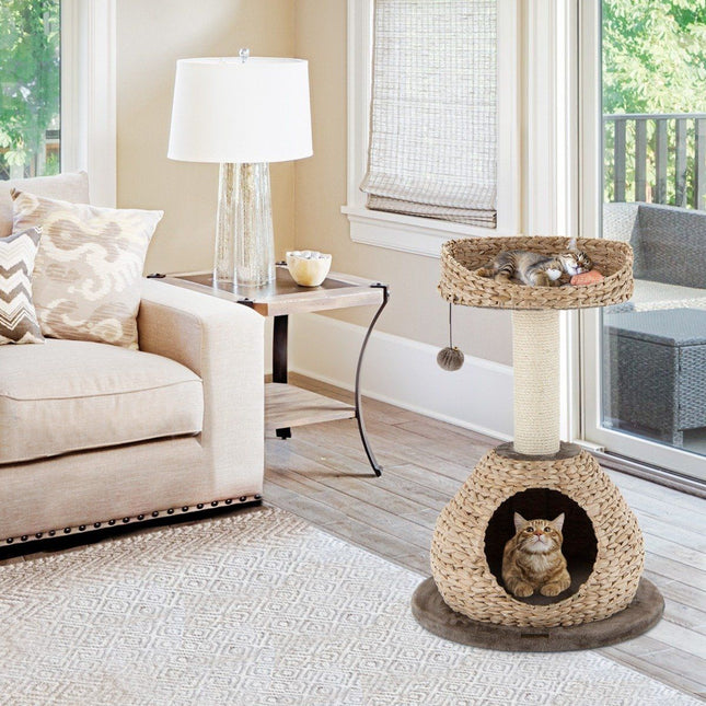 PAWROOM - Lite kattetre med hule og naturlig sisal og håndlaget kurv φ 48 x 70,5 cm