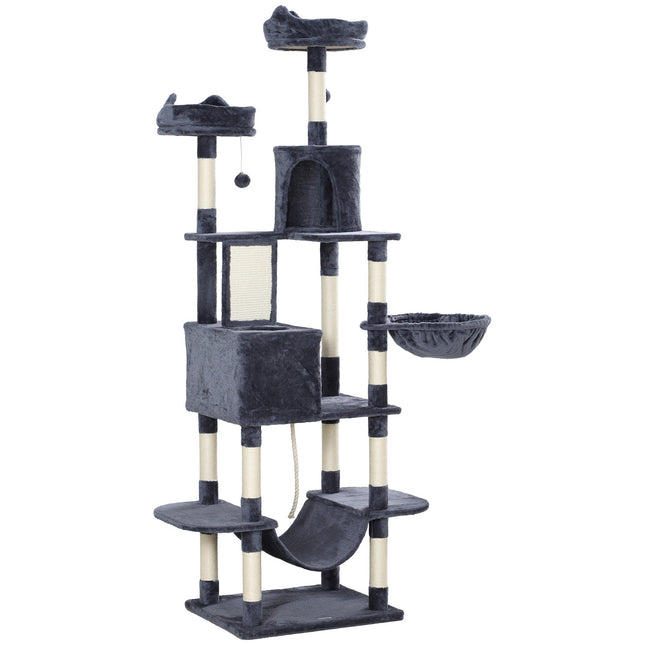 PAWROOM - Cat tree 206 cm cat tower with cave, 2 play balls, sisal posts, platform for large cats, dark grey