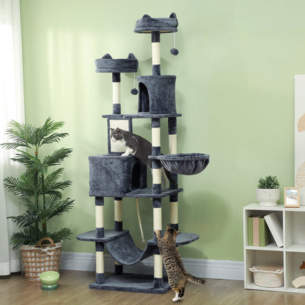 PAWROOM - Kattetre 206 cm kattetårn med hule, 2 lekeballer, sisalstolper, plattform for store katter, mørkegrå