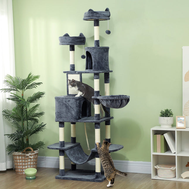 PAWROOM - Cat tree 206 cm cat tower with cave, 2 play balls, sisal posts, platform for large cats, dark grey