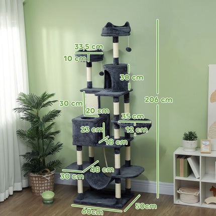 PAWROOM - Kattetre 206 cm kattetårn med hule, 2 lekeballer, sisalstolper, plattform for store katter, mørkegrå