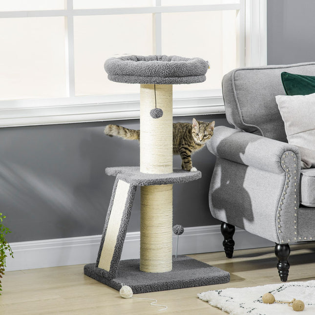 PAWROOM - Long cat climbing tree with sisal & play ball, grey/cream