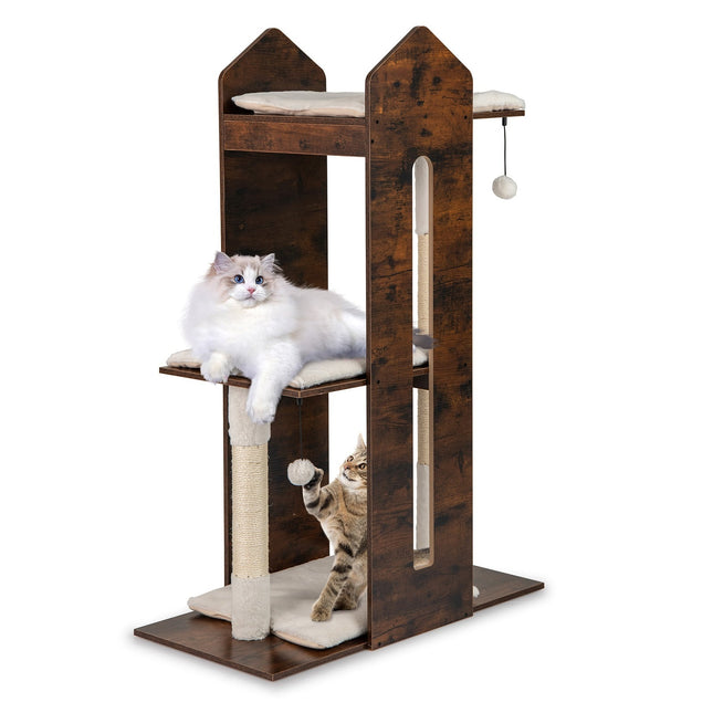 PAWROOM - Klotreet med sisalstolper og hengeballer, 120 cm, brunt