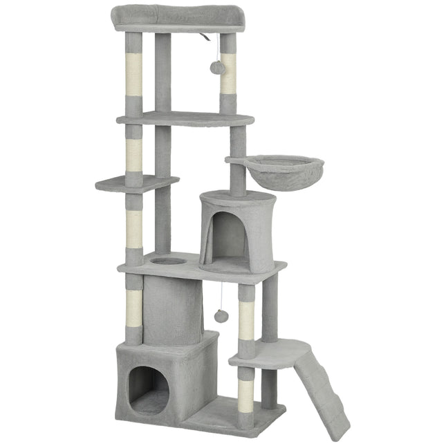 PAWROOM - Klotreet med tunnel, huler, sisalstolper, 170 cm, lysegrå