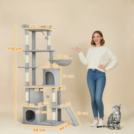 PAWROOM - Klotreet med tunnel, huler, sisalstolper, 170 cm, lysegrå