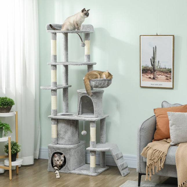 PAWROOM - Klotreet med tunnel, huler, sisalstolper, 170 cm, lysegrå